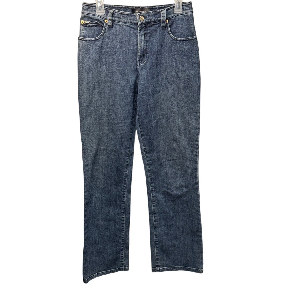 St‎ John Sport Womens Straight Leg Jeans Blue Medium Wash Gold Hardware Size 4